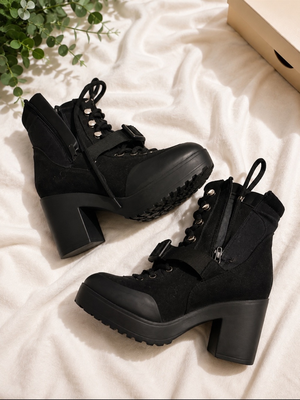 AND Black Lace-Up Chunky Heel Ankle Boots